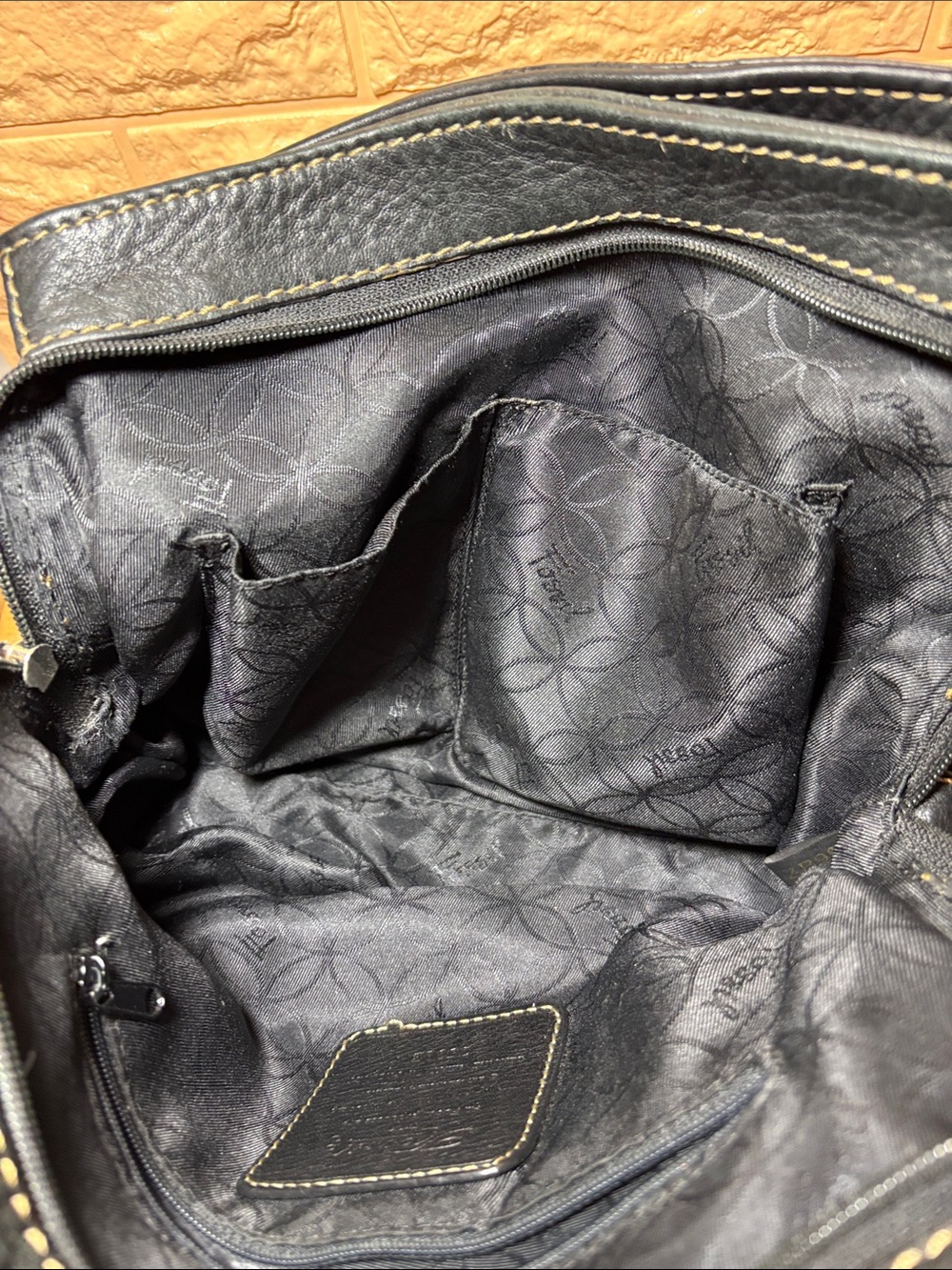 Fossil Leather Bag Bright Black Pebbled Satchel w Silver w Shoulder Strap - Picture 14 of 17